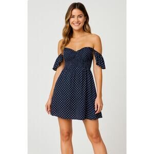 Navy Polka Dot Smocked Puff-Sleeve Mini Dress – Size Medium